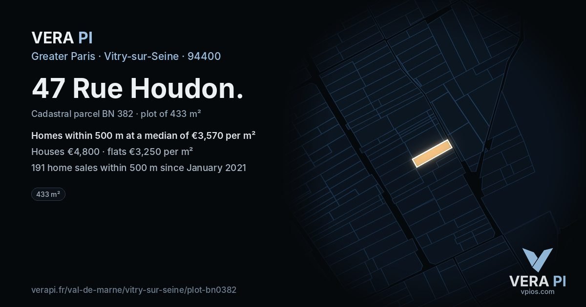 47 Rue Houdon, Vitry-sur-Seine at night – the plot lit, the parcels around coloured by the prices near them