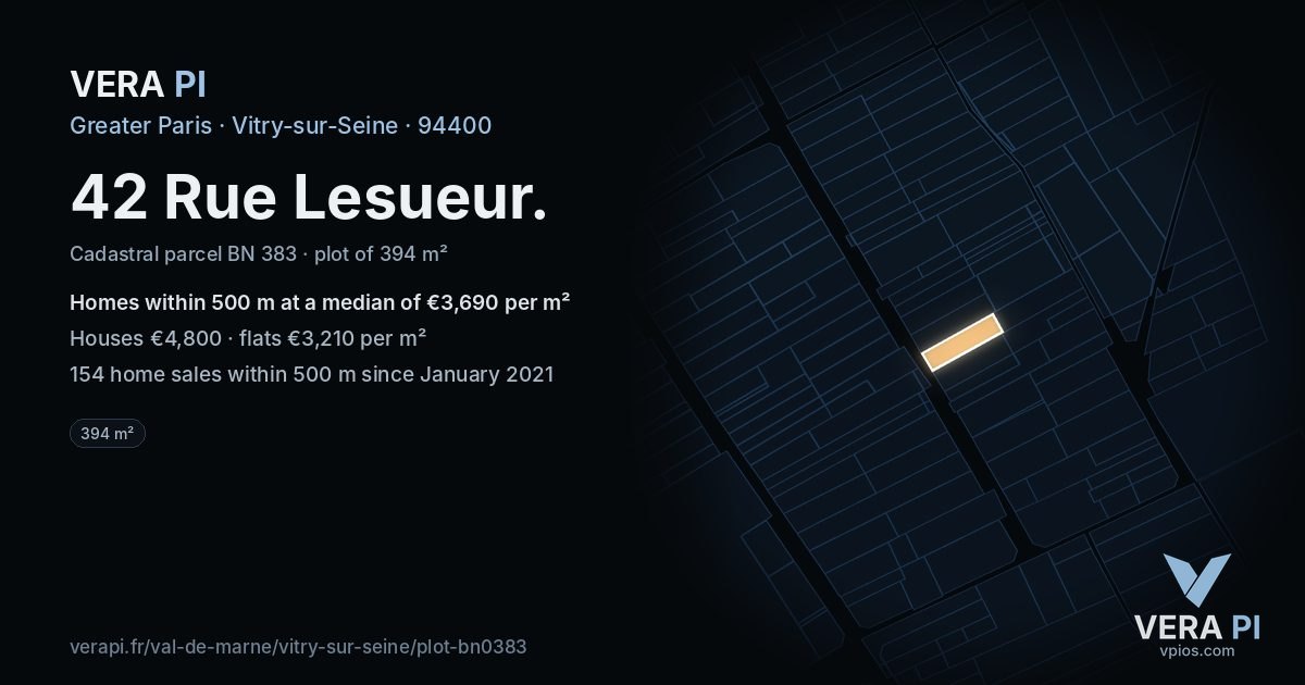 42 Rue Lesueur, Vitry-sur-Seine at night – the plot lit, the parcels around coloured by the prices near them