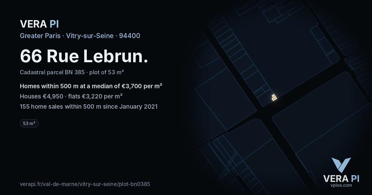 66 Rue Lebrun, Vitry-sur-Seine at night – the plot lit, the parcels around coloured by the prices near them