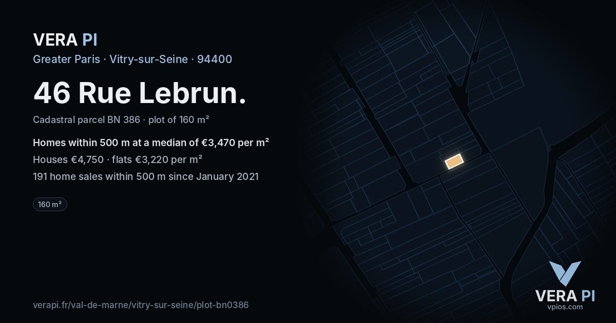 46 Rue Lebrun, Vitry-sur-Seine at night – the plot lit, the parcels around coloured by the prices near them