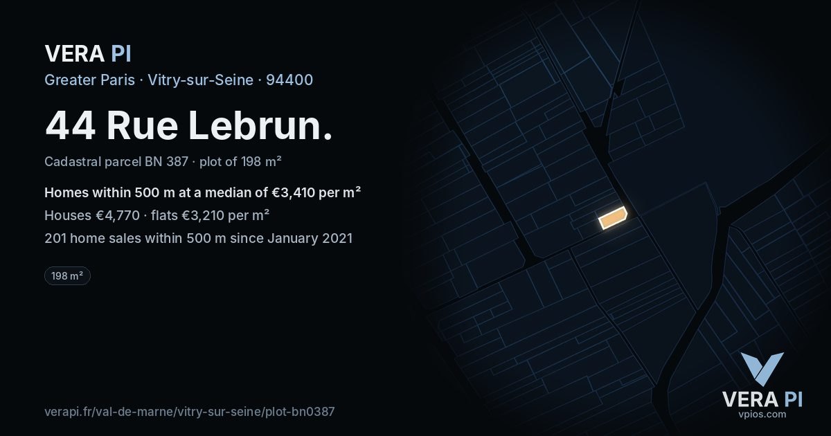 44 Rue Lebrun, Vitry-sur-Seine at night – the plot lit, the parcels around coloured by the prices near them