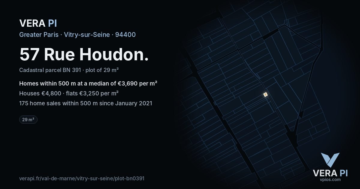 57 Rue Houdon, Vitry-sur-Seine at night – the plot lit, the parcels around coloured by the prices near them