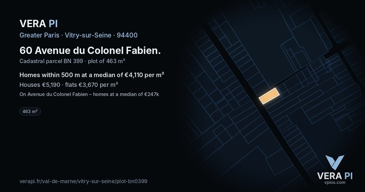 60 Avenue du Colonel Fabien, Vitry-sur-Seine at night – the plot lit, the parcels around coloured by the prices near them