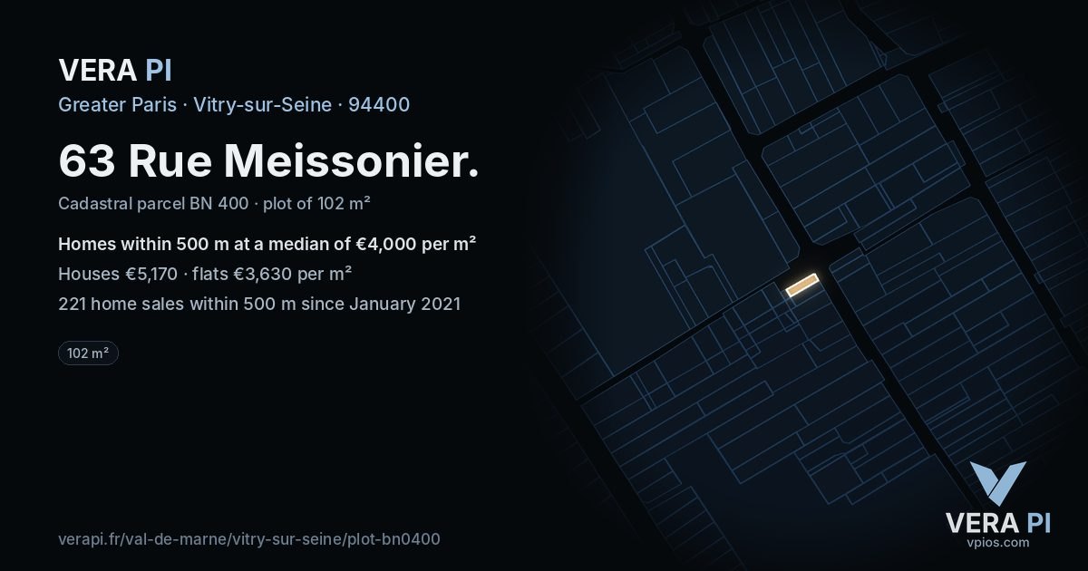 63 Rue Meissonier, Vitry-sur-Seine at night – the plot lit, the parcels around coloured by the prices near them