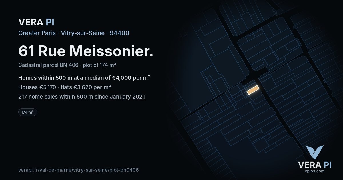 61 Rue Meissonier, Vitry-sur-Seine at night – the plot lit, the parcels around coloured by the prices near them