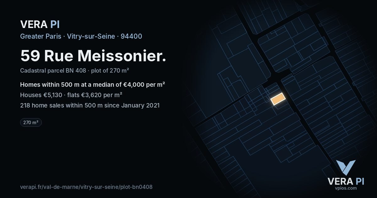 59 Rue Meissonier, Vitry-sur-Seine at night – the plot lit, the parcels around coloured by the prices near them