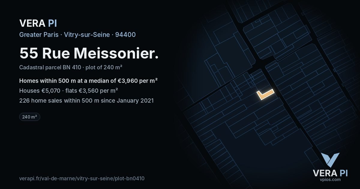 55 Rue Meissonier, Vitry-sur-Seine at night – the plot lit, the parcels around coloured by the prices near them