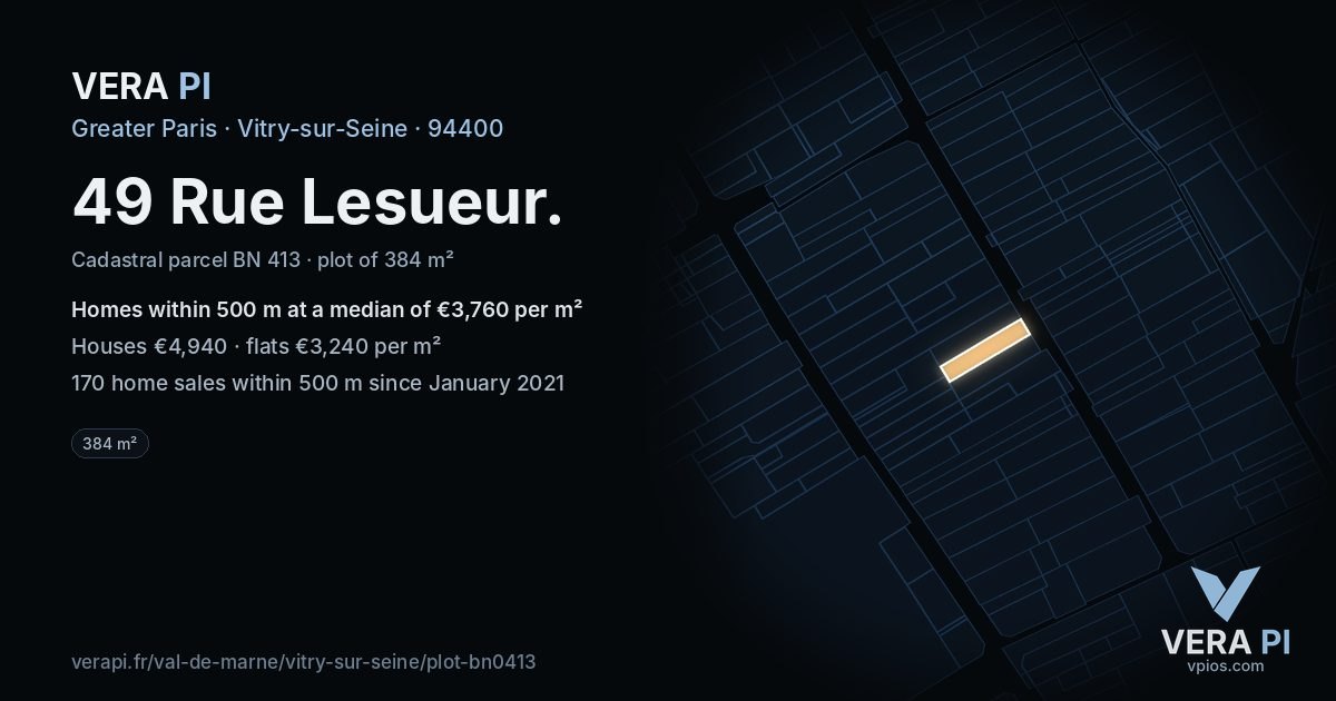 49 Rue Lesueur, Vitry-sur-Seine at night – the plot lit, the parcels around coloured by the prices near them