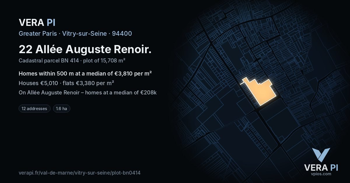 22 Allée Auguste Renoir, Vitry-sur-Seine at night – the plot lit, the parcels around coloured by the prices near them