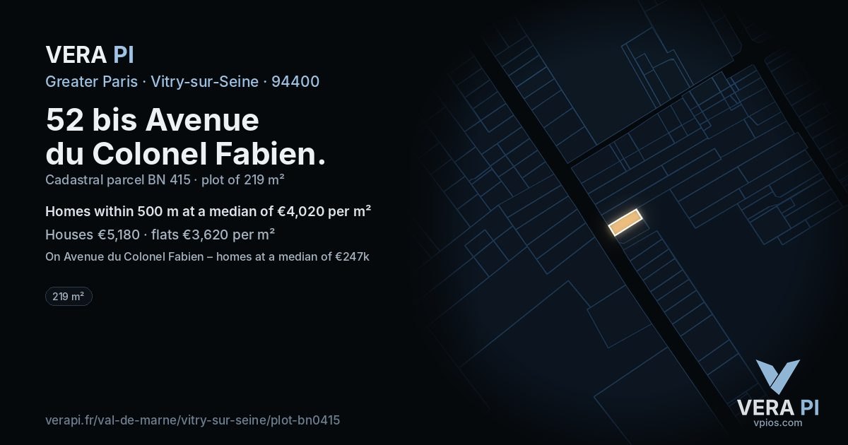 52 bis Avenue du Colonel Fabien, Vitry-sur-Seine at night – the plot lit, the parcels around coloured by the prices near them