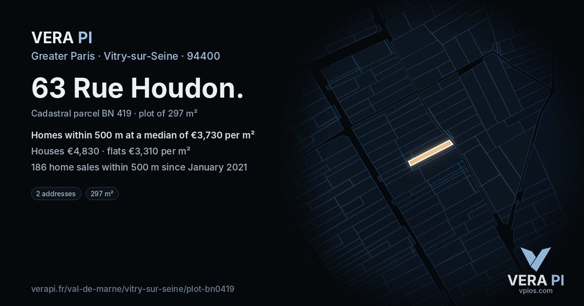63 Rue Houdon, Vitry-sur-Seine at night – the plot lit, the parcels around coloured by the prices near them