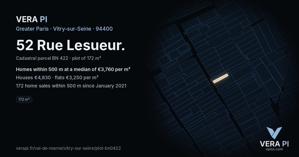 52 Rue Lesueur, Vitry-sur-Seine at night – the plot lit, the parcels around coloured by the prices near them