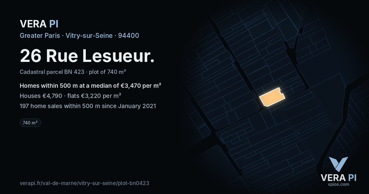26 Rue Lesueur, Vitry-sur-Seine at night – the plot lit, the parcels around coloured by the prices near them