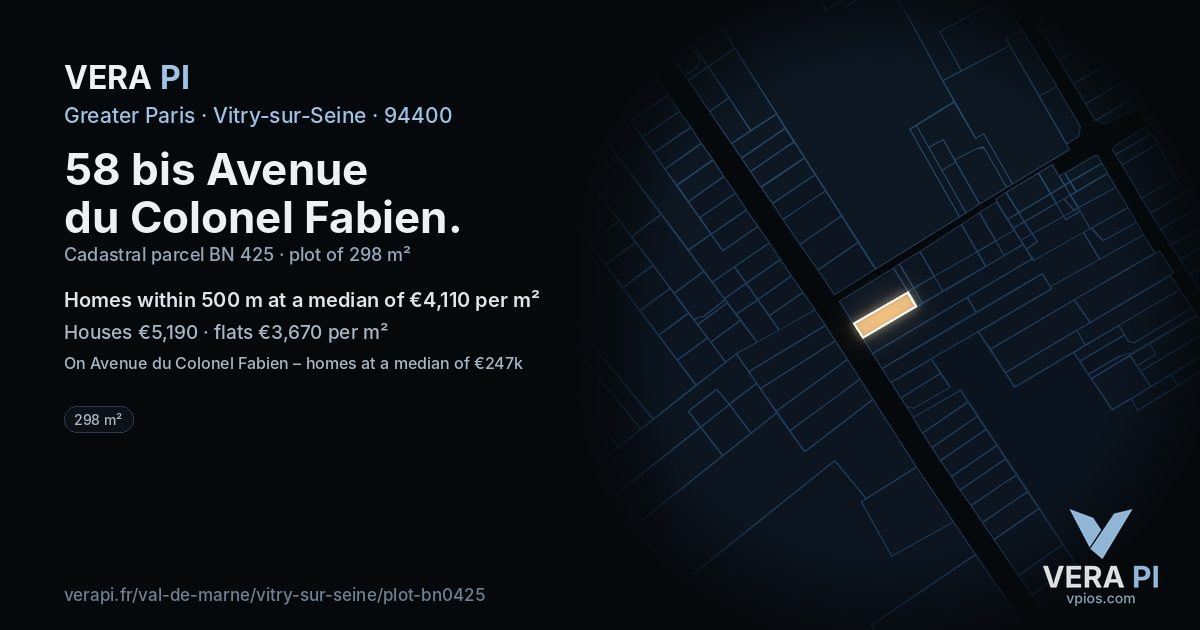 58 bis Avenue du Colonel Fabien, Vitry-sur-Seine at night – the plot lit, the parcels around coloured by the prices near them