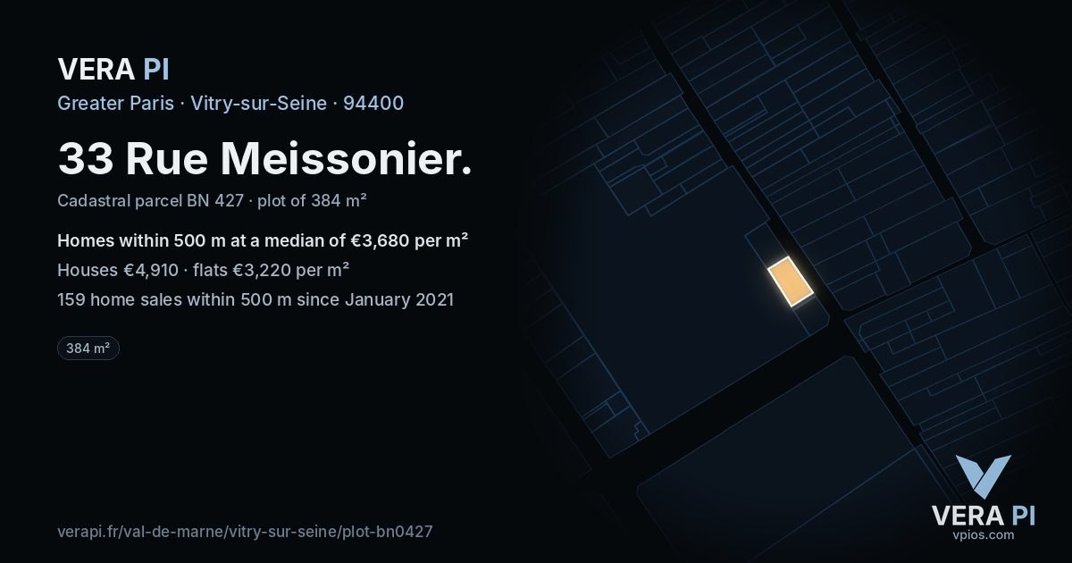 33 Rue Meissonier, Vitry-sur-Seine at night – the plot lit, the parcels around coloured by the prices near them