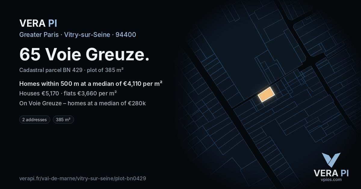 65 Voie Greuze, Vitry-sur-Seine at night – the plot lit, the parcels around coloured by the prices near them