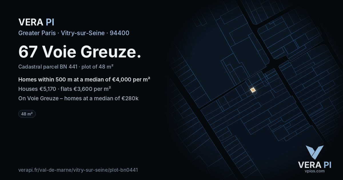 67 Voie Greuze, Vitry-sur-Seine at night – the plot lit, the parcels around coloured by the prices near them