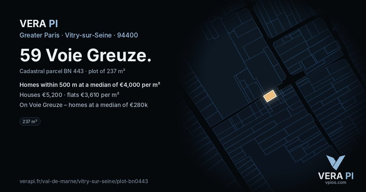 59 Voie Greuze, Vitry-sur-Seine at night – the plot lit, the parcels around coloured by the prices near them
