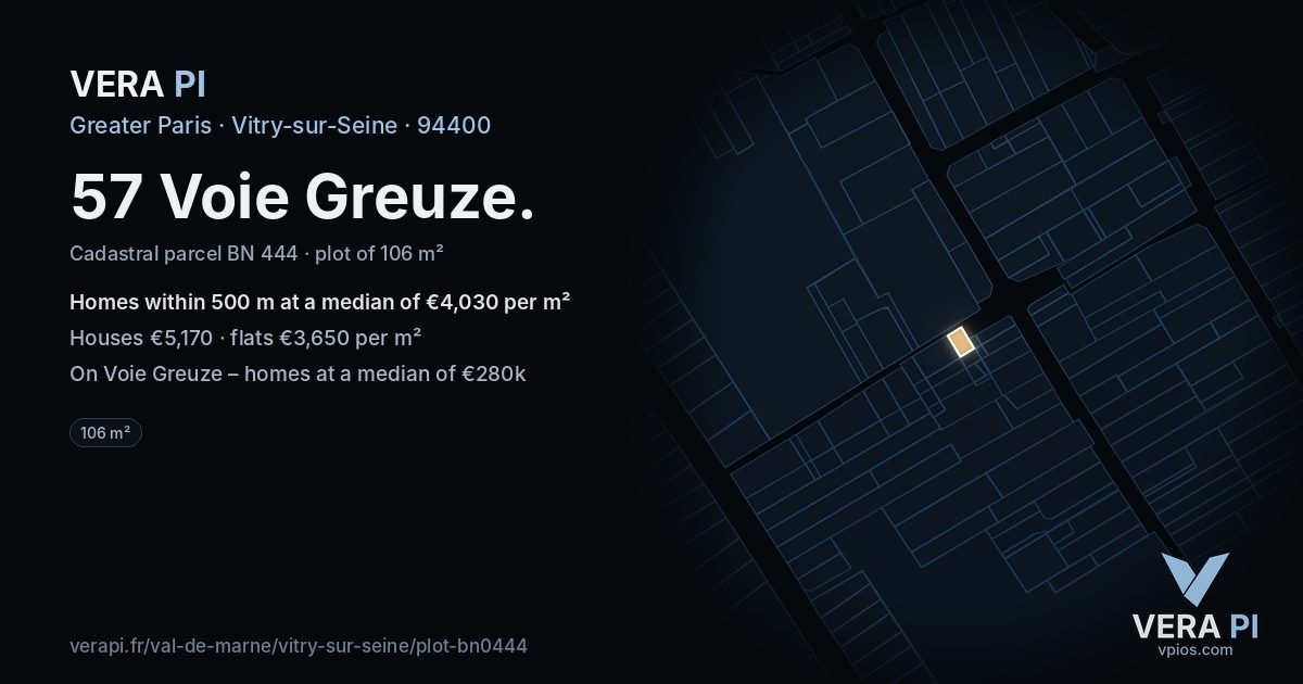 57 Voie Greuze, Vitry-sur-Seine at night – the plot lit, the parcels around coloured by the prices near them