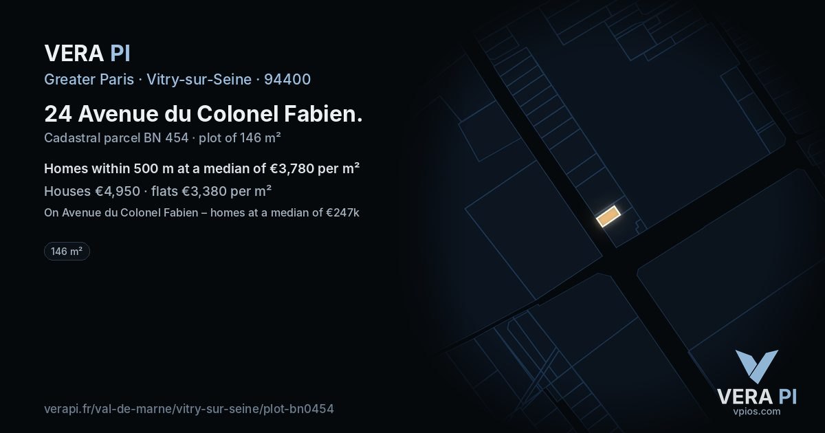24 Avenue du Colonel Fabien, Vitry-sur-Seine at night – the plot lit, the parcels around coloured by the prices near them