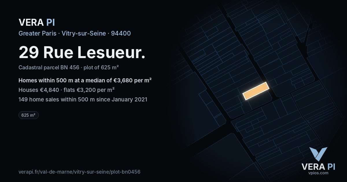 29 Rue Lesueur, Vitry-sur-Seine at night – the plot lit, the parcels around coloured by the prices near them