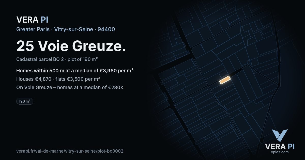 25 Voie Greuze, Vitry-sur-Seine at night – the plot lit, the parcels around coloured by the prices near them