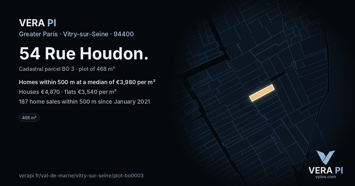 54 Rue Houdon, Vitry-sur-Seine at night – the plot lit, the parcels around coloured by the prices near them