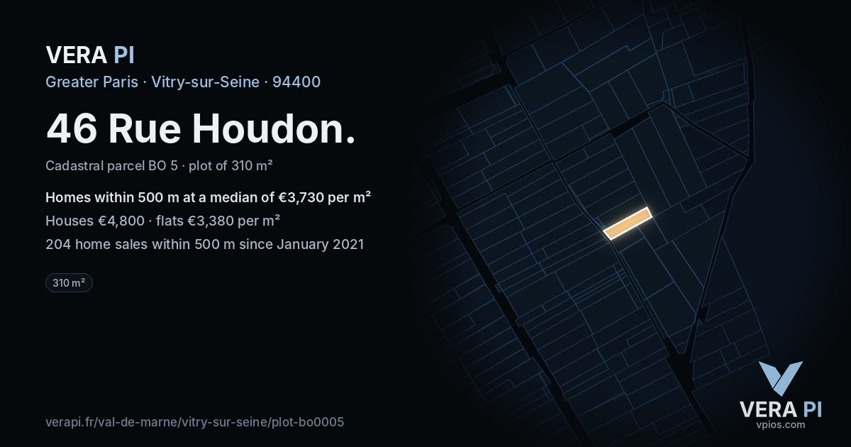 46 Rue Houdon, Vitry-sur-Seine at night – the plot lit, the parcels around coloured by the prices near them