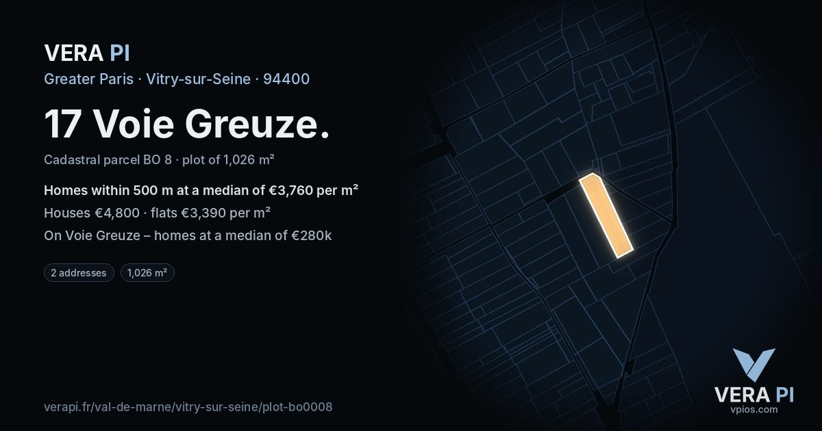 17 Voie Greuze, Vitry-sur-Seine at night – the plot lit, the parcels around coloured by the prices near them