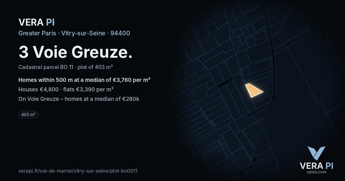 3 Voie Greuze, Vitry-sur-Seine at night – the plot lit, the parcels around coloured by the prices near them