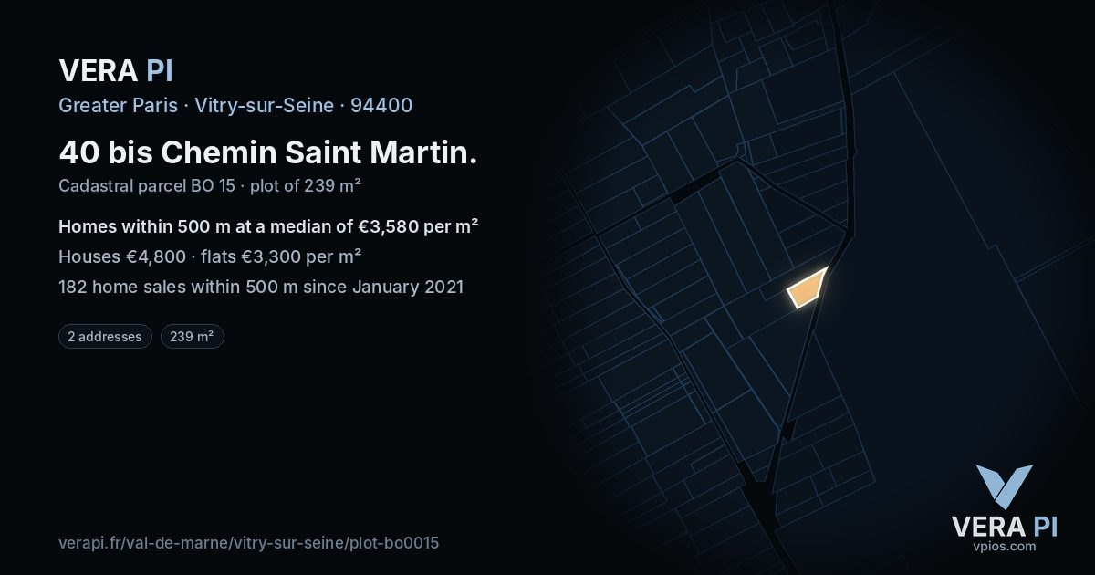 40 bis Chemin Saint Martin, Vitry-sur-Seine at night – the plot lit, the parcels around coloured by the prices near them