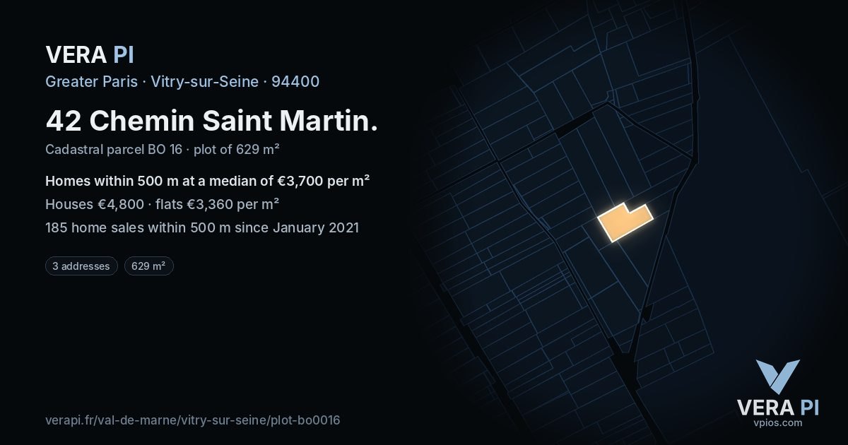 42 Chemin Saint Martin, Vitry-sur-Seine at night – the plot lit, the parcels around coloured by the prices near them