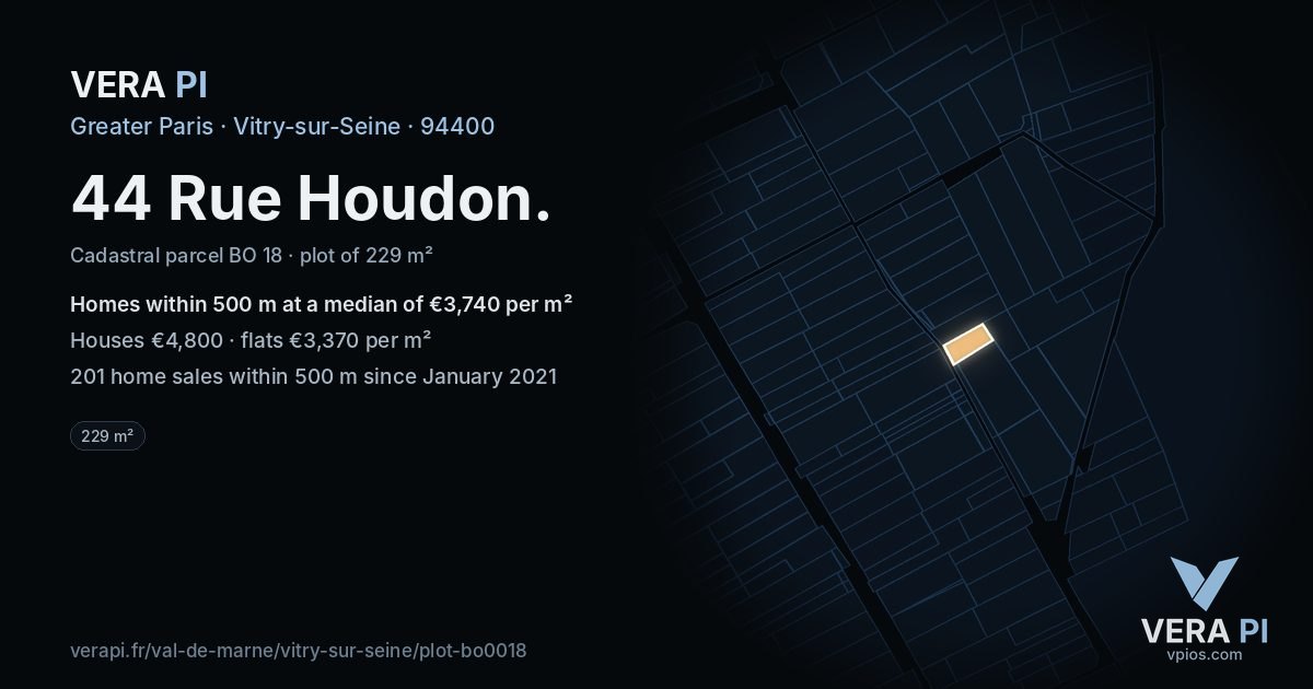 44 Rue Houdon, Vitry-sur-Seine at night – the plot lit, the parcels around coloured by the prices near them