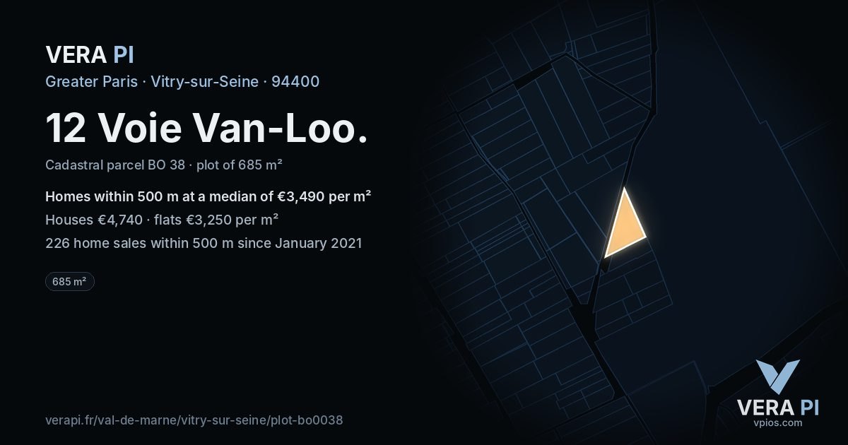 12 Voie Van-Loo, Vitry-sur-Seine at night – the plot lit, the parcels around coloured by the prices near them