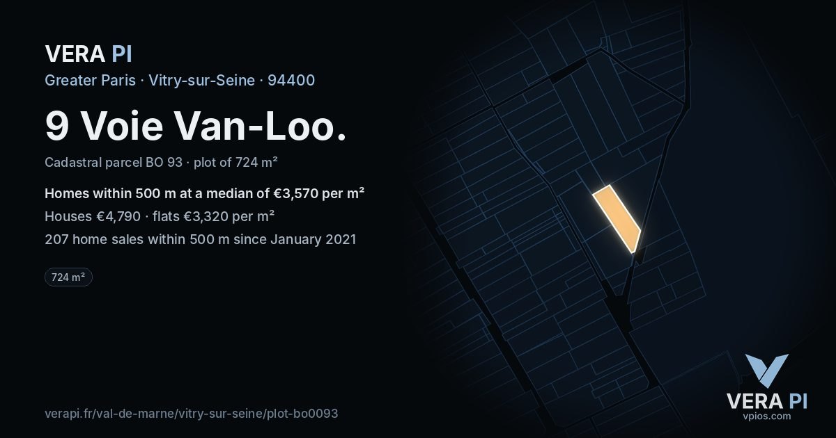 9 Voie Van-Loo, Vitry-sur-Seine at night – the plot lit, the parcels around coloured by the prices near them