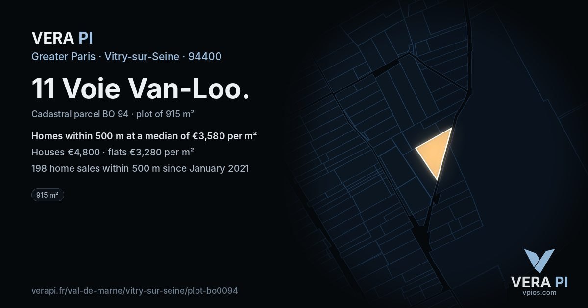 11 Voie Van-Loo, Vitry-sur-Seine at night – the plot lit, the parcels around coloured by the prices near them