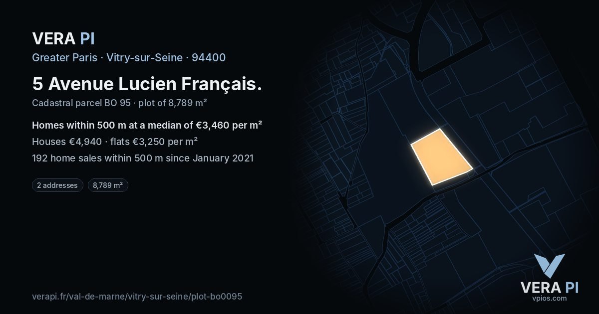 5 Avenue Lucien Français, Vitry-sur-Seine at night – the plot lit, the parcels around coloured by the prices near them