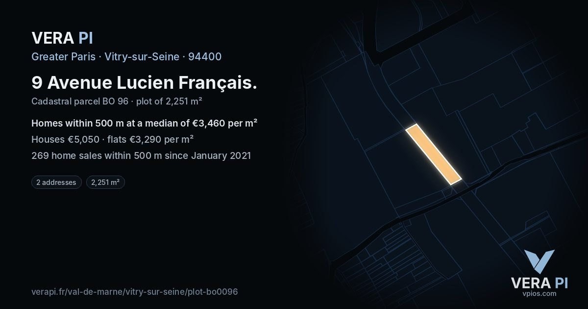 9 Avenue Lucien Français, Vitry-sur-Seine at night – the plot lit, the parcels around coloured by the prices near them