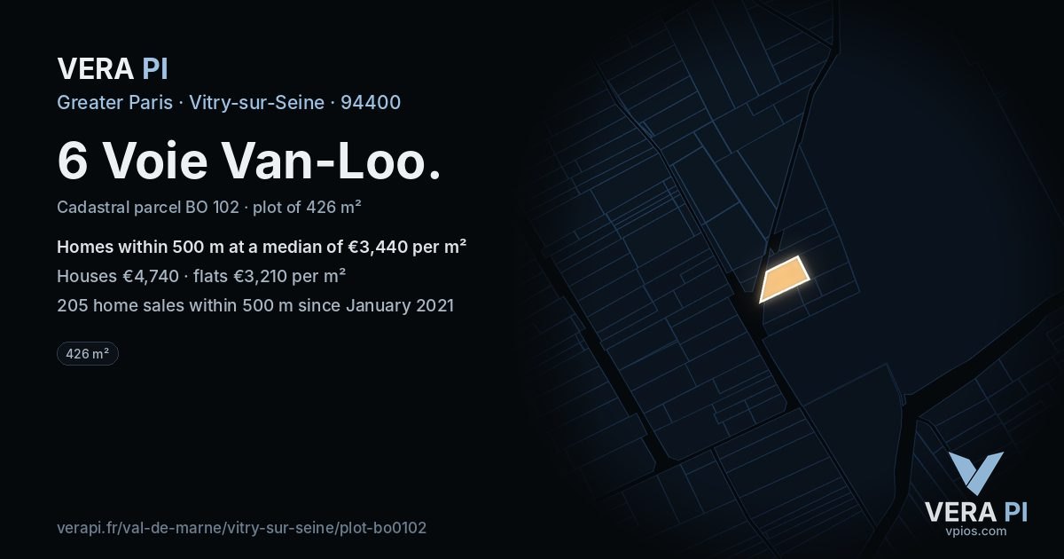 6 Voie Van-Loo, Vitry-sur-Seine at night – the plot lit, the parcels around coloured by the prices near them
