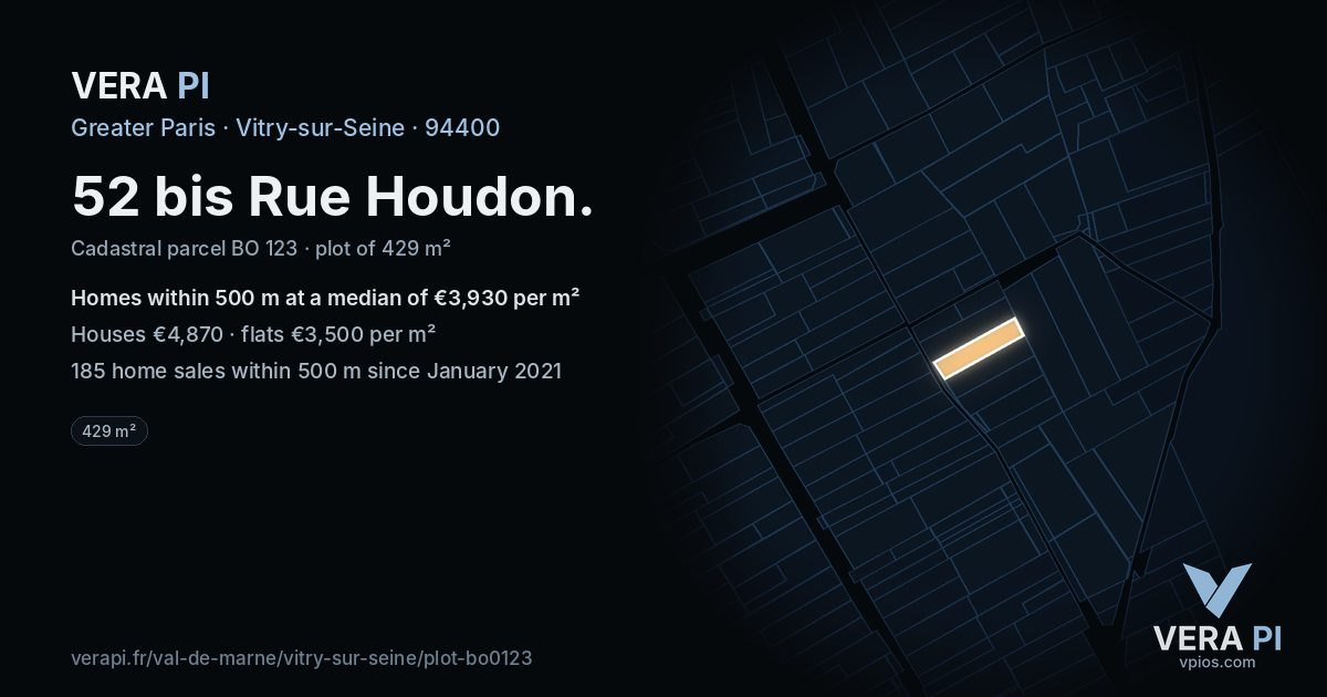 52 bis Rue Houdon, Vitry-sur-Seine at night – the plot lit, the parcels around coloured by the prices near them