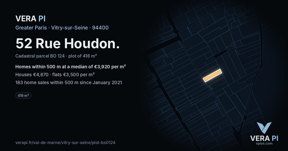 52 Rue Houdon, Vitry-sur-Seine at night – the plot lit, the parcels around coloured by the prices near them