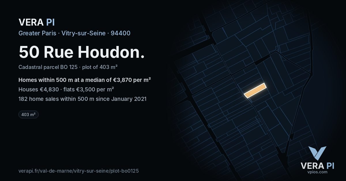 50 Rue Houdon, Vitry-sur-Seine at night – the plot lit, the parcels around coloured by the prices near them