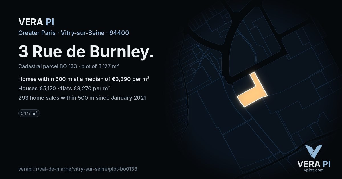 3 Rue de Burnley, Vitry-sur-Seine at night – the plot lit, the parcels around coloured by the prices near them