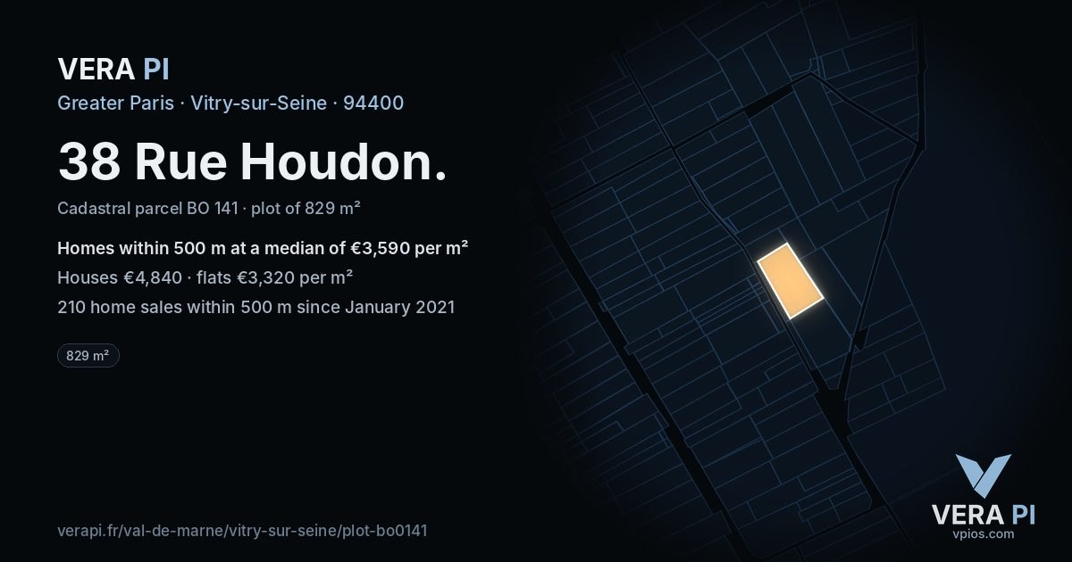 38 Rue Houdon, Vitry-sur-Seine at night – the plot lit, the parcels around coloured by the prices near them