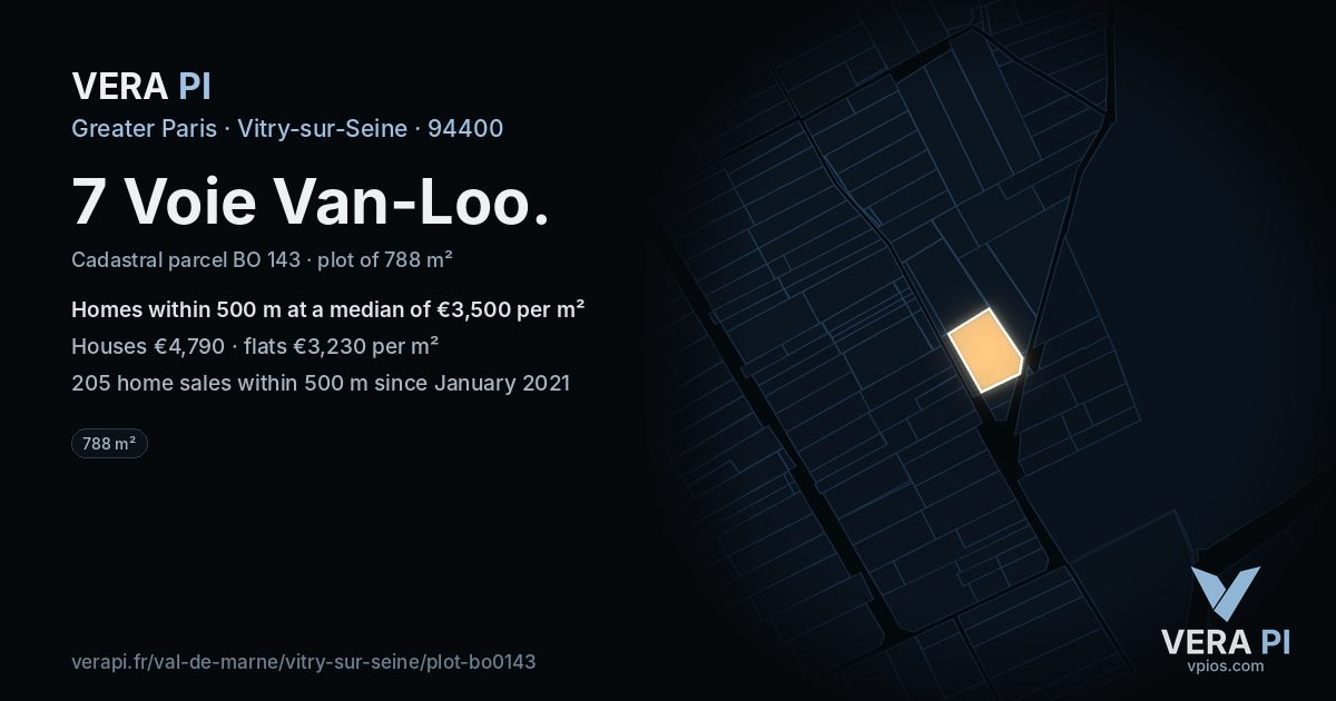 7 Voie Van-Loo, Vitry-sur-Seine at night – the plot lit, the parcels around coloured by the prices near them