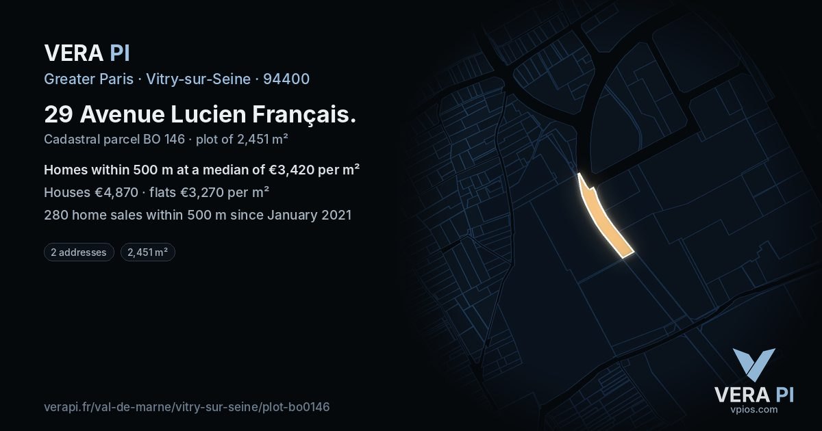 29 Avenue Lucien Français, Vitry-sur-Seine at night – the plot lit, the parcels around coloured by the prices near them