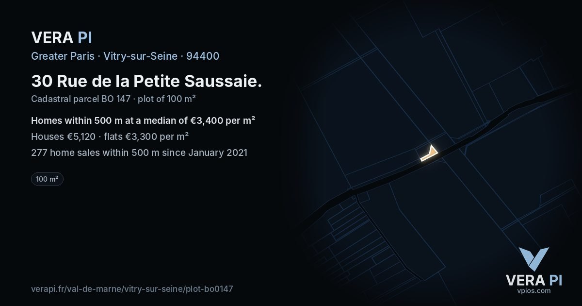 30 Rue de la Petite Saussaie, Vitry-sur-Seine at night – the plot lit, the parcels around coloured by the prices near them