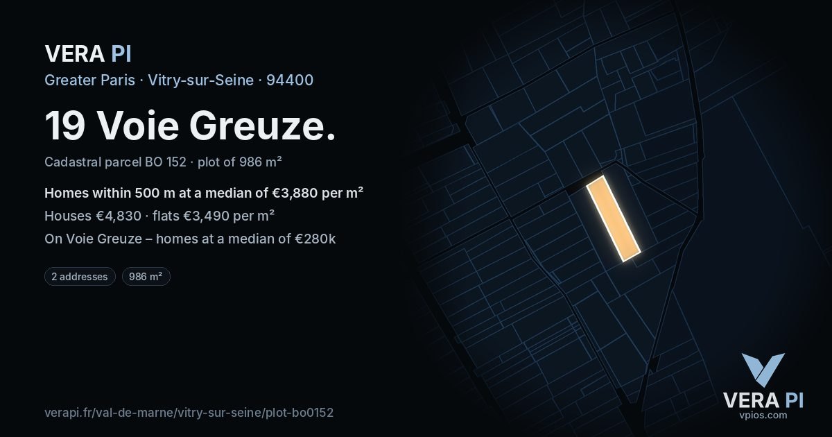 19 Voie Greuze, Vitry-sur-Seine at night – the plot lit, the parcels around coloured by the prices near them