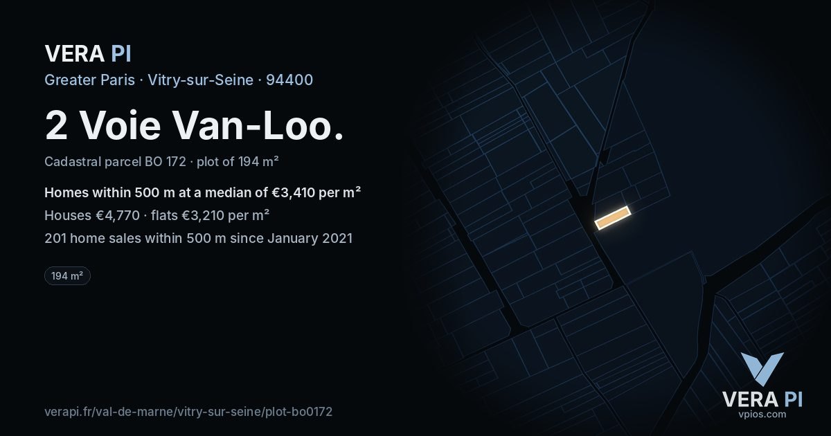 2 Voie Van-Loo, Vitry-sur-Seine at night – the plot lit, the parcels around coloured by the prices near them
