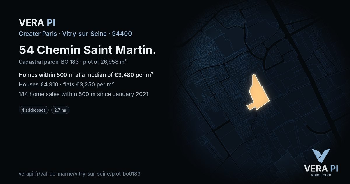 54 Chemin Saint Martin, Vitry-sur-Seine at night – the plot lit, the parcels around coloured by the prices near them